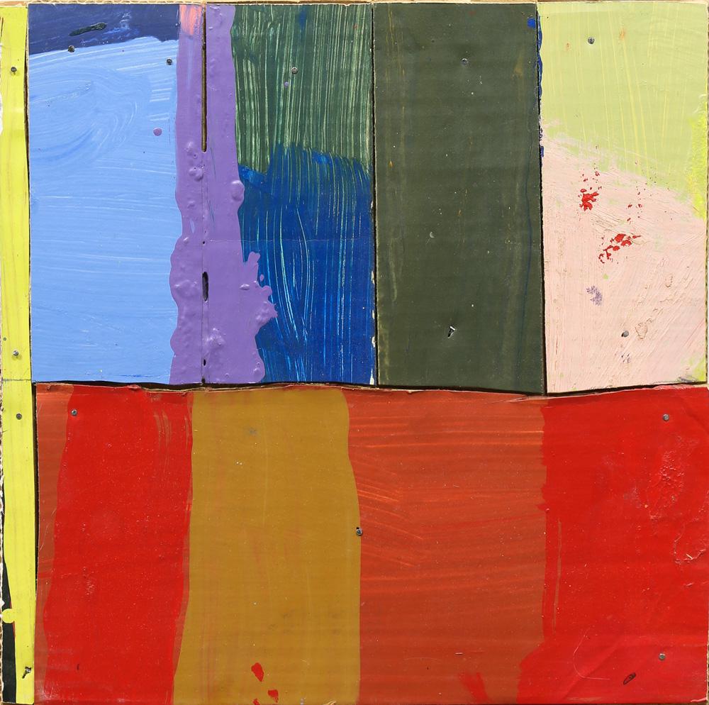 Mixed Media, Jeff Jonczyk: (lot of 4) Jeff Jonczyk (American, 20th century) Scenarios, 2000, acrylic painted on cardboard and metal attached to wood, each signed and dated verso, overall (each/unframed): 12"h x 12"w. Provenance