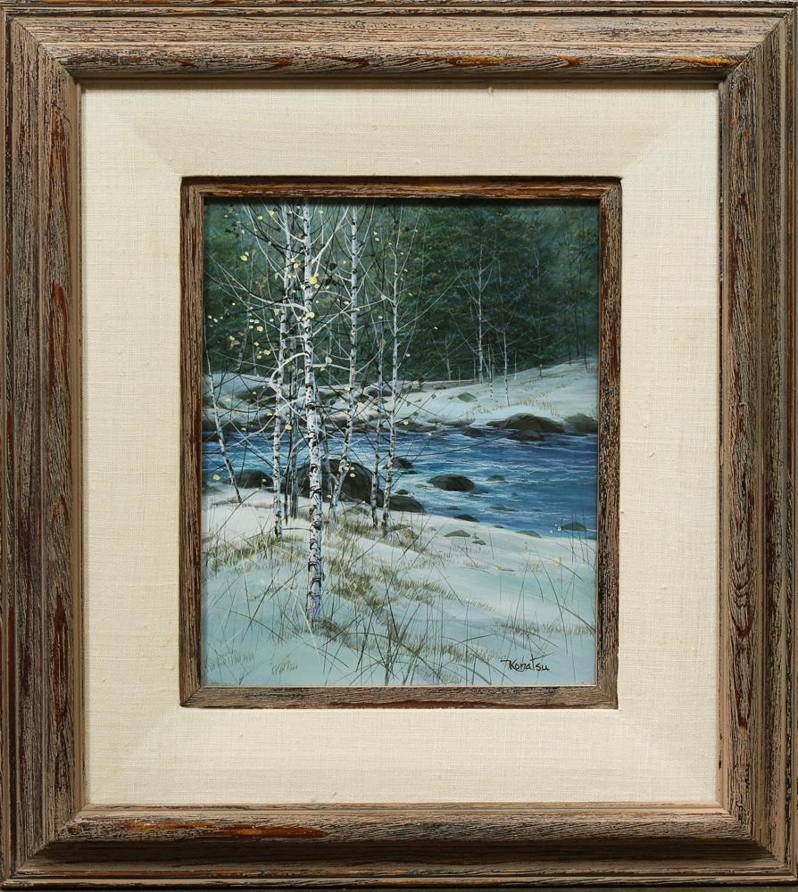 Painting, Mas Konatsu: Mas Konatsu (American, b. 1934), Birch Trees by the Creek, acrylic on board, signed lower right, artist stamp verso, overall (with frame): 16.5"h x 15.5"w