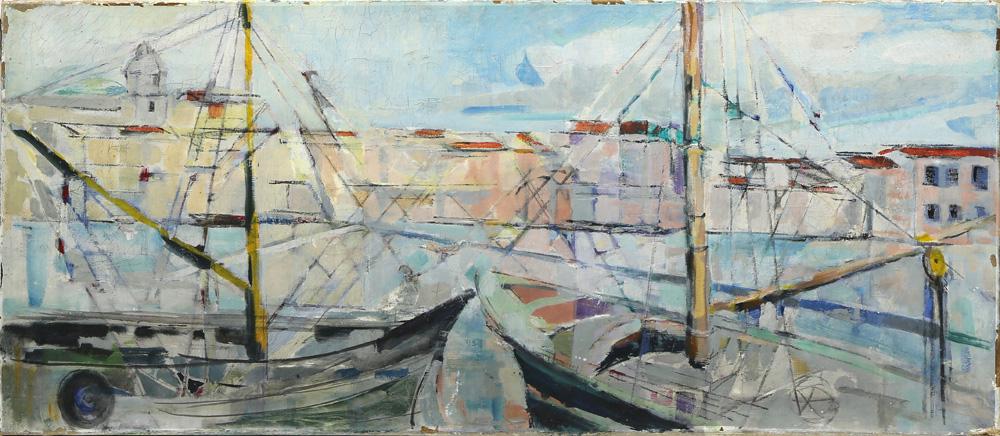 Painting, Sail Boats in the Harbor: American School (20th century), Sail Boats in the Harbor, oil on canvas, unsigned, canvas (unframed): 15.75"h x 35.75"w