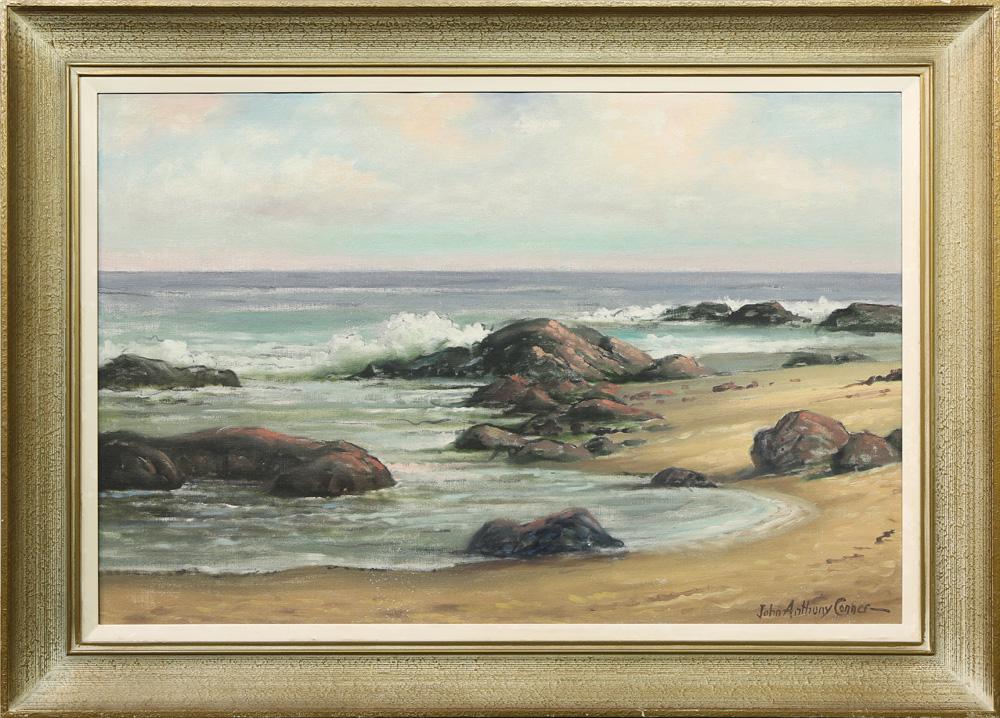 Painting, John Anthony Connor: John Anthony Connor (American, 1892-1971), "Quiet Seas near Malibu," oil on canvas, signed lower right, titled verso, overall (with frame): 31"h x 43.5"w