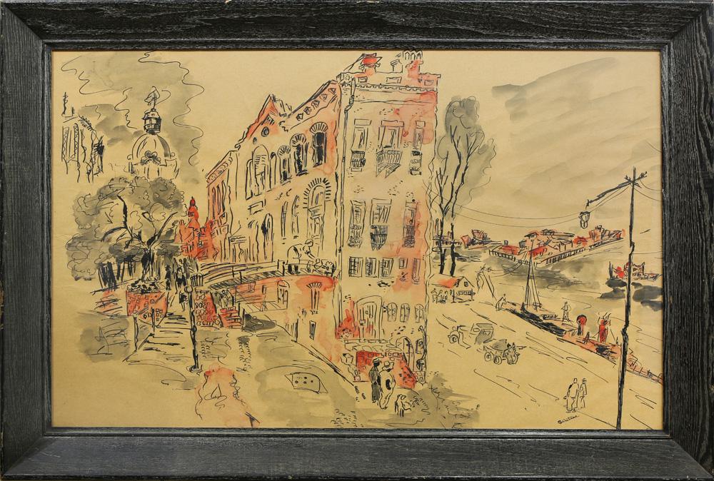 Watercolor, Parisian Street Scene: Parisian Street Scene, watercolor and ink on paper, signed "S. Watson" lower right, 20th century, overall (with frame): 25.5"h x 38.5"w
