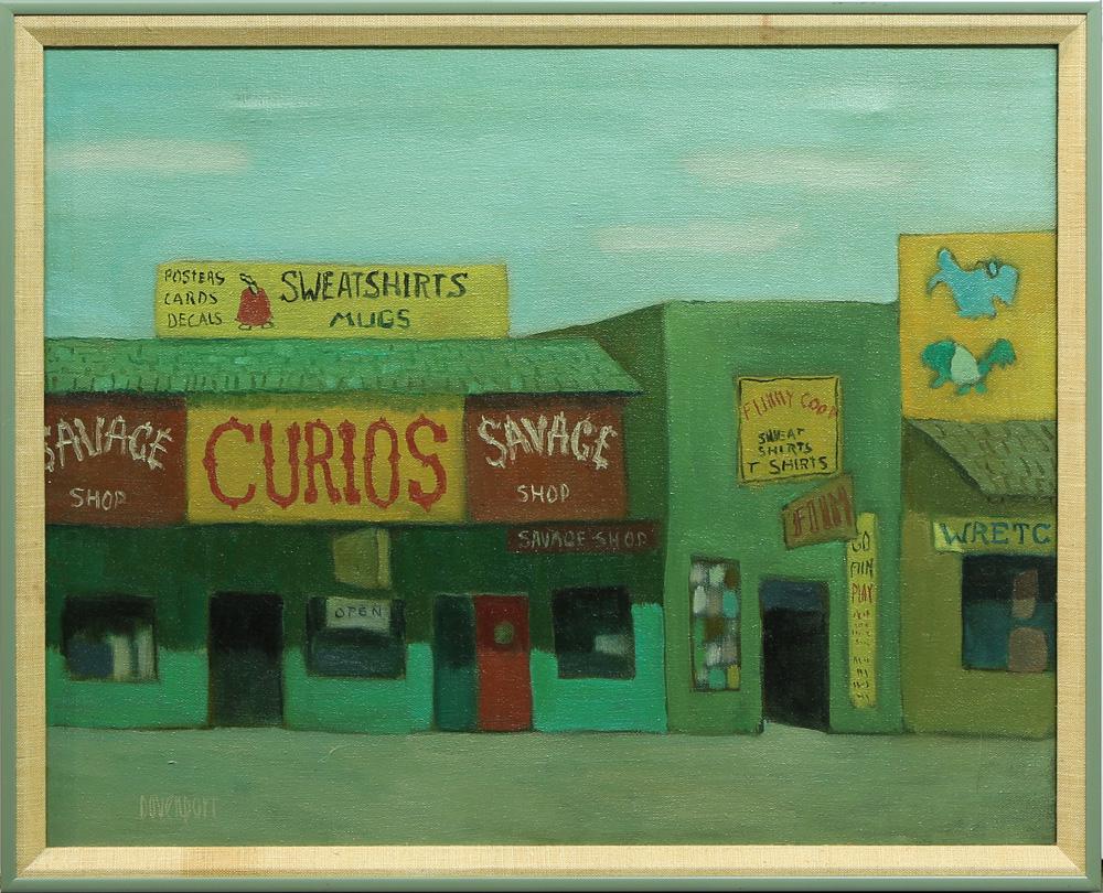 Painting, Jill Davenport: Jill Davenport (American, 20th century), Downtown Shops, oil on canvas, signed lower left, overall (with frame): 17"h x 21"w. Provenance: The Estate of Jill Davenport, Santa Rosa, CA