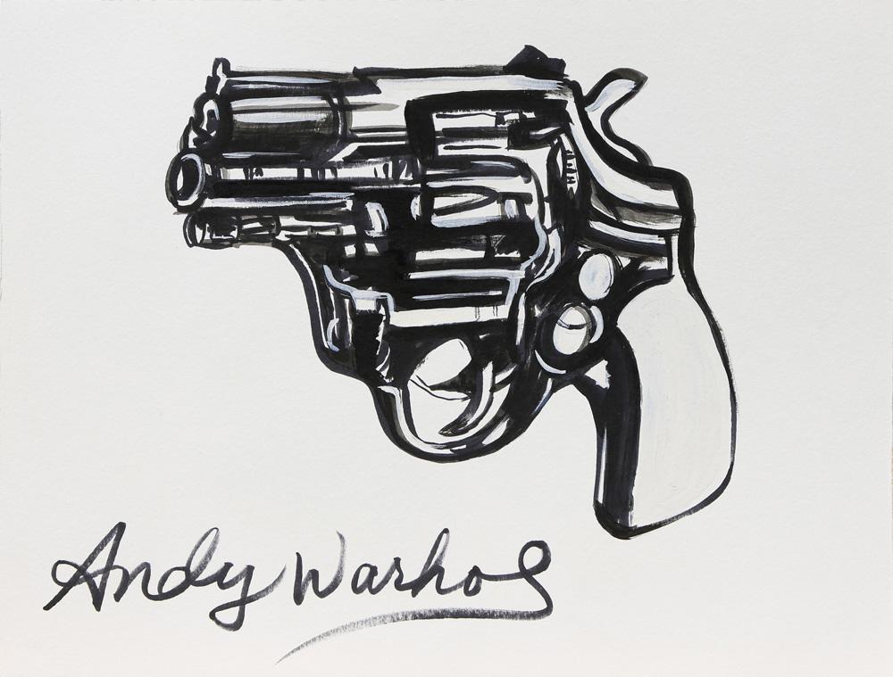 Works on Paper, Follower of Andy Warhol: (lot of 2) Follower of Andy Warhol (American, 1928-1987), Gun, mixed media on paper, bears signature lower left, and Playboy Bunny, acrylic on paper, bears signature lower center, overall (sheet/unfra