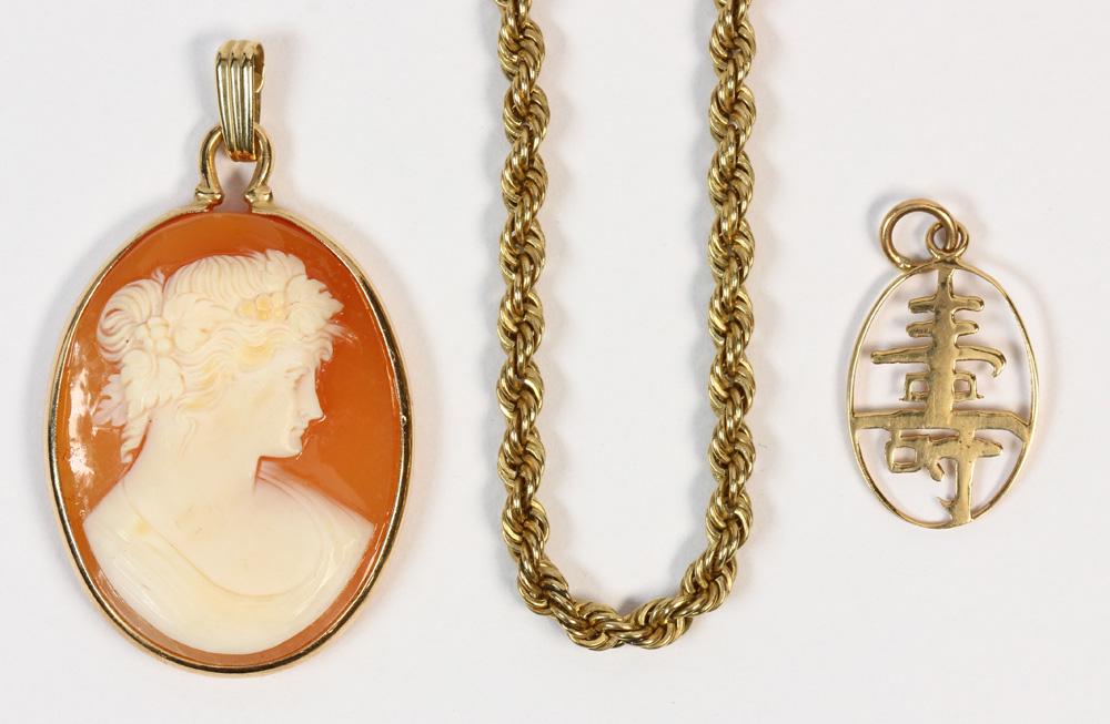 (Lot of 3) shell cameo, yellow gold jewelry (1 of 2)