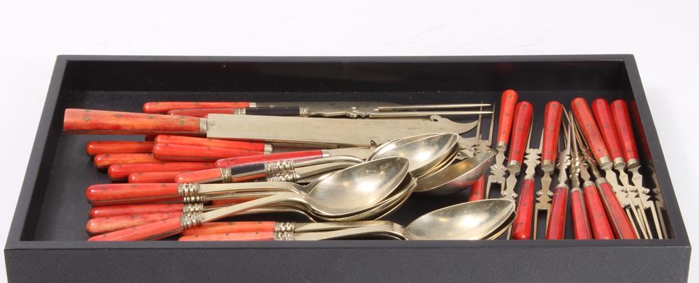 (lot of 38) Set Chinese Export stained bone utensils: (lot of 38) Set Chinese Export stained bone utensils made for Siamese Market, comprising (12) spoons, (12) two prong forks, (12) knives and a serving fork & knife, largest 9.5"l