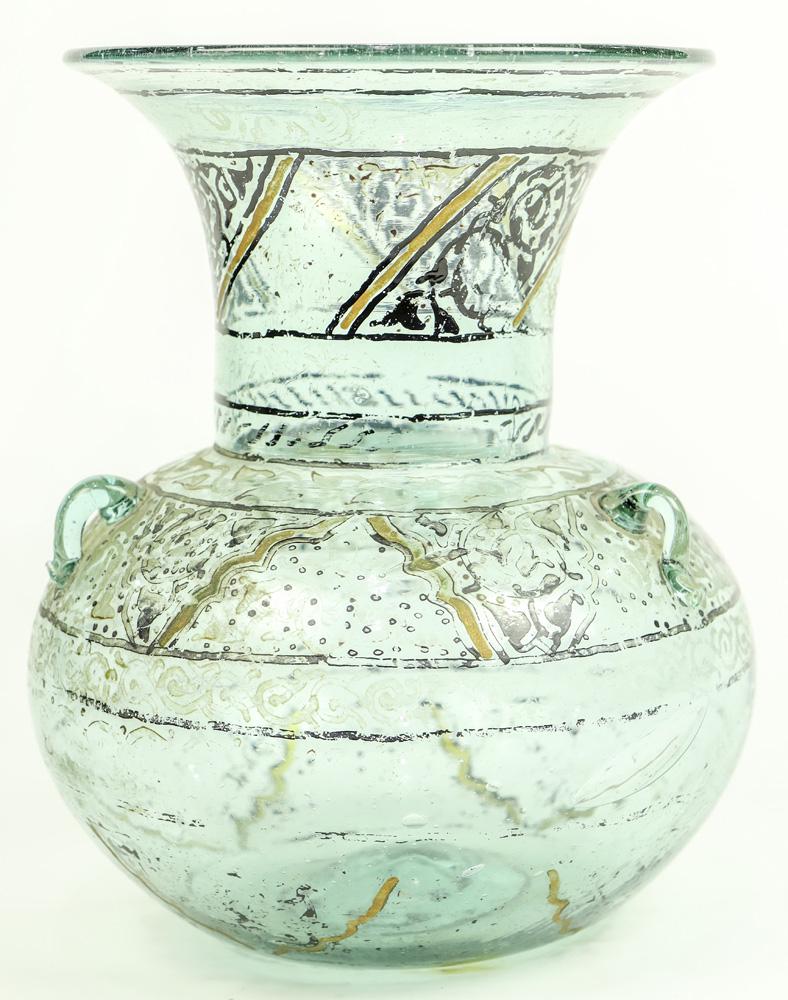 Islamic polychrome grissaille painted bottle green (1 of 2)