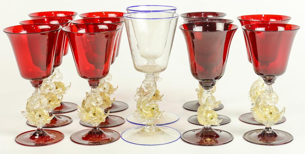 (lot of 13) Set of (11) Murano cranberry glass goblets (1 of 3)