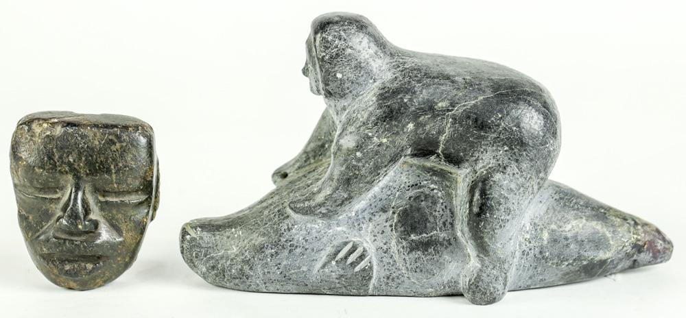(lot of 2) Inuit carving of man riding a whale and: (lot of 2) Inuit carving of man riding a whale and stone mask, the largest "8l