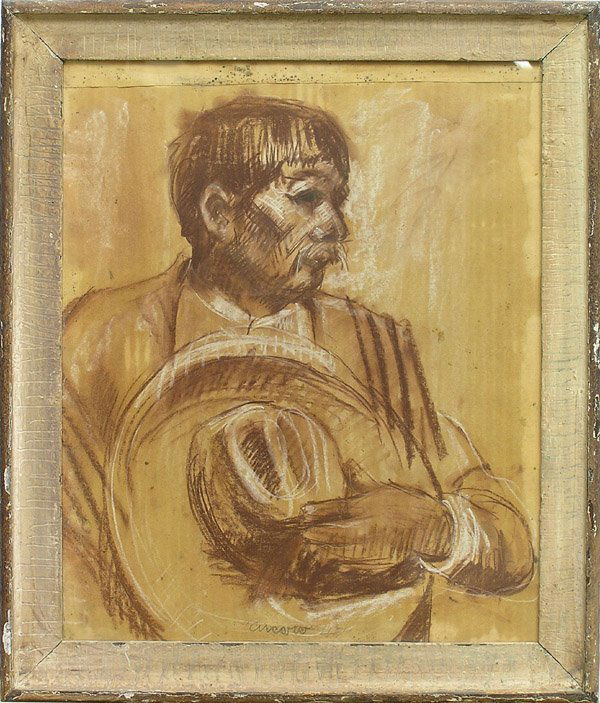Drawing, Cucaro, Portrait: Framed pastel, Portrait of a Man Holding Hat, by Pascal Cucaro (Californian, 1915-2004), signed and dated 1948 lower center, overall: 23''h x 20''w