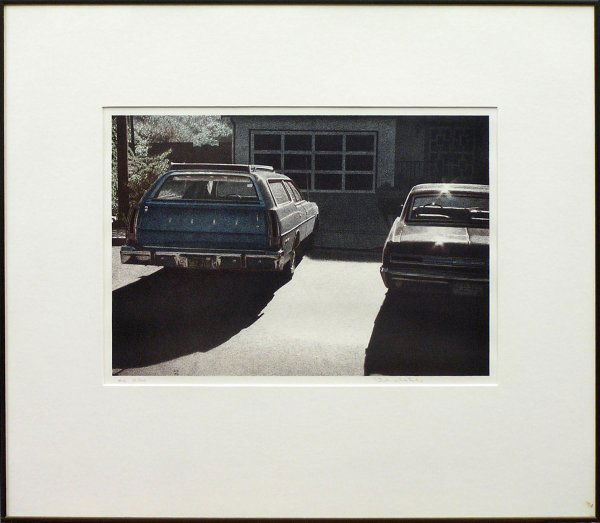 Lithograph, Robert Bechtle, California: Framed lithograph, Two Cars, by Robert Bechtle (Californian, 1932-), pencil signed lower right, numbered AC 10/20 lower left, sight: 12.5''h x 18.5''w, overall: 24''h x 29''w