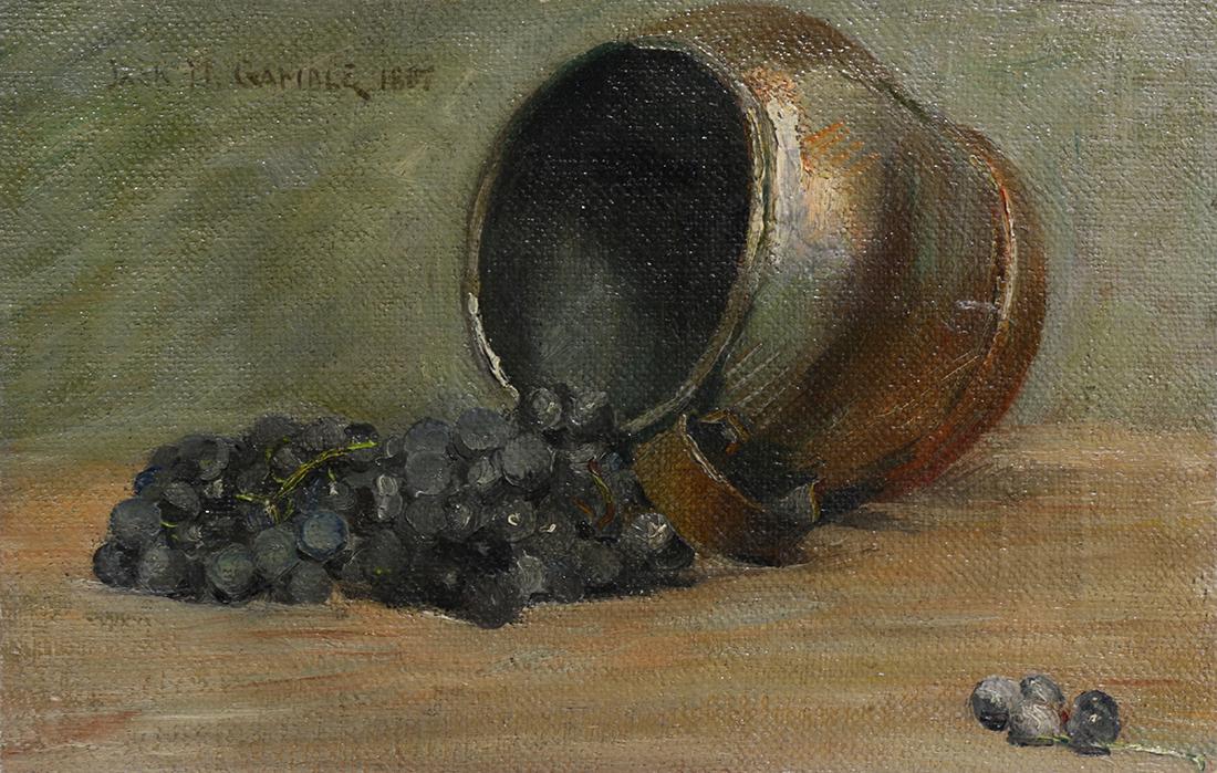 Painting, John Marshall Gamble: John Marshall Gamble (American, 1863-1957), Still Life with Grapes and Copper Pitcher, 1887, oil on canvas (laid down on board), signed and dated upper left, board (unframed): 11"h x 17"w