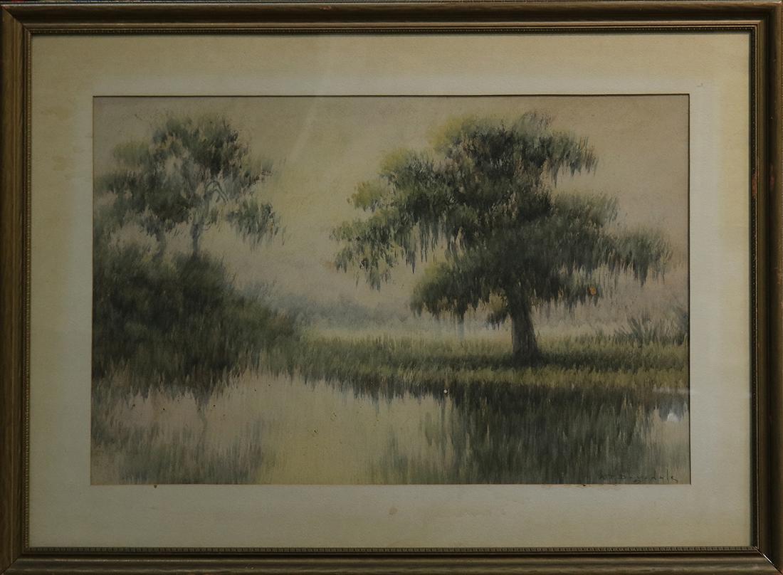 Watercolor, Alexander Drysdale: Alexander Drysdale (American,1870-1934), Untitled (Mist on the Bayou), watercolor, signed lower right, sight: 18.5"h x 28"w, overall (with frame): 27.5"h x 36.5"w