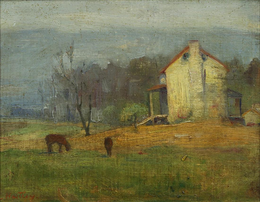Painting, Rachel Hartley: Rachel V. Hartley (American, 1884-1955), "Pink House," oil on board, signed lower left, titled verso, board: 7"h x 9"w, overall (with frame): 11.25"h x 13"w