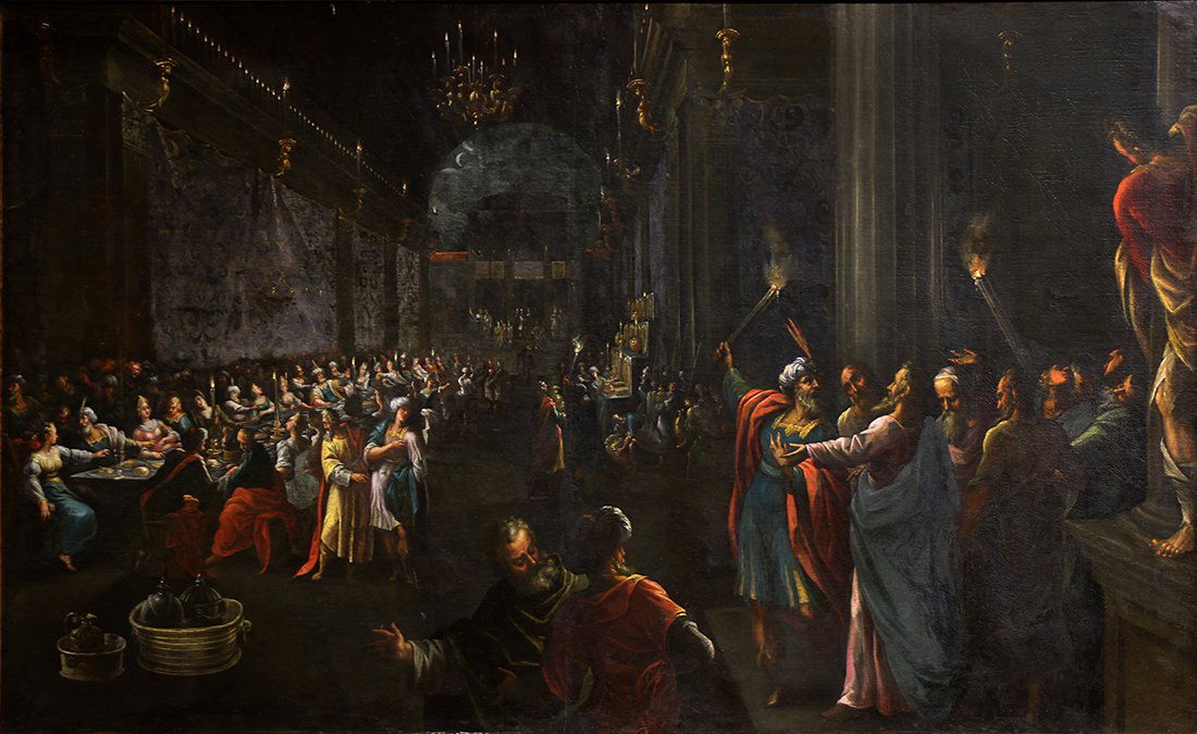 Painting, Alessandro Maganza: Alessandro Maganza (Italian, 1556-1630), "Belshazzar's Feast," oil on canvas, unsigned, canvas: 44.5"h x 74"w, overall (with frame): 51.5"h x 80"w. Provenance: Purchased at Sotheby's London, New Bond