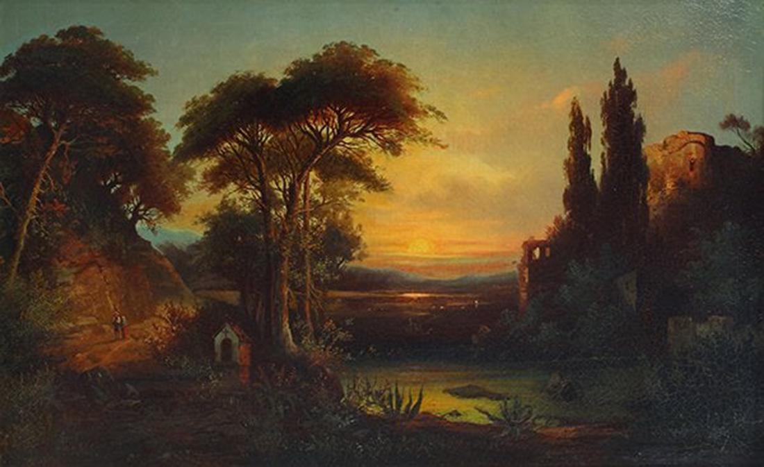 Painting, River Sunset with Figures: European School (19th century), River Sunset with Figures, oil on canvas, unsigned, canvas: 28"h x 47"w, overall (with frame): 38"h x 56"w
