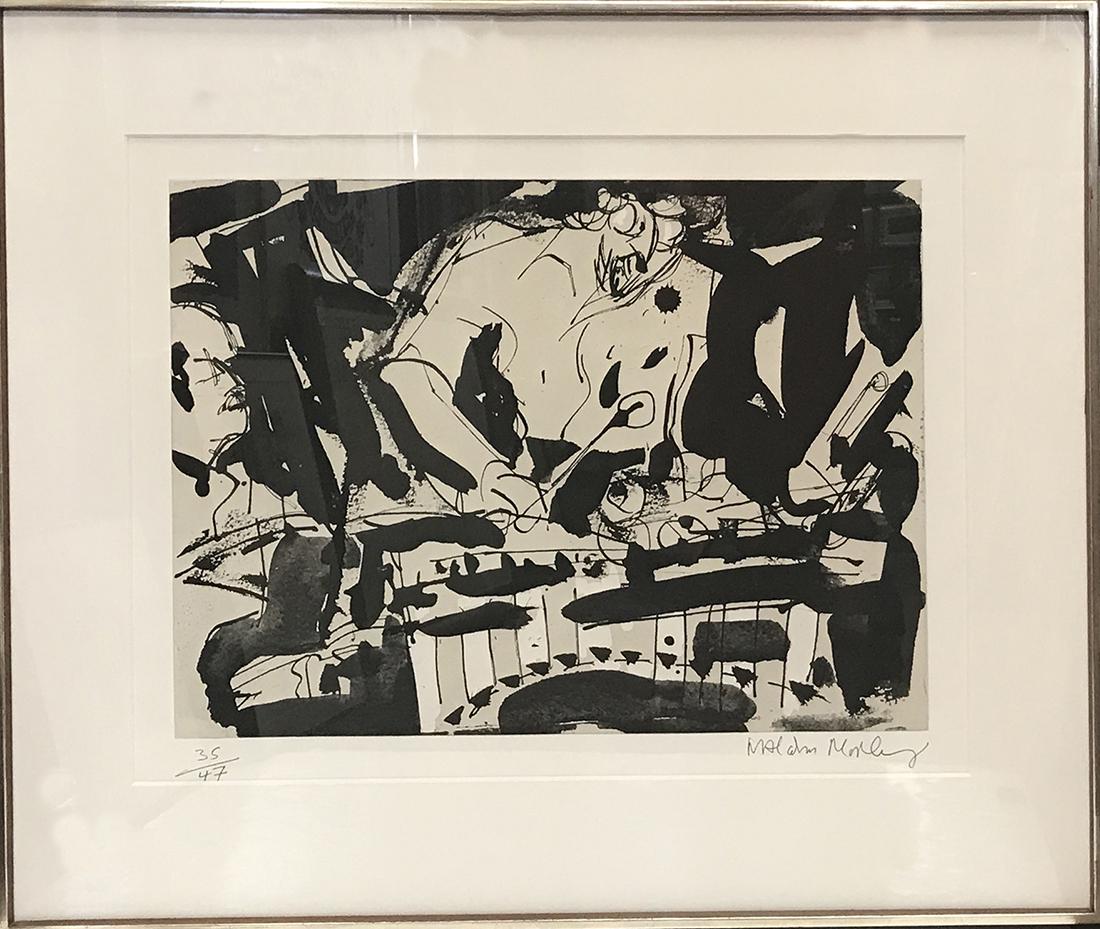 Print, Malcolm Morley: Malcolm Morley (British, b. 1931), "Jazz Musician," 1987, etching, signed lower right, edition 35/47, image sight: 19"hx 27.5"w, overall (with frame): 33"h x 40.25"w. Provenance: Property from the est