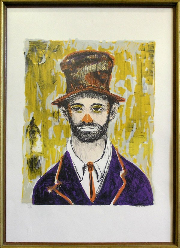 lithograph Clown Cucaro: Framed color lithograph, Portrait of a Clown, by Pascal Cucaro (Californian, 1915-2004), pencil signed lower right, numbered 96/100 lower left, overall: 30''h x 22''w.