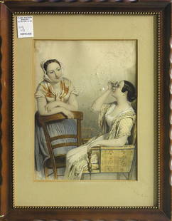 Lithograph Julien Vallou de Villeneuve: Framed handcolored lithograph, ''Les Lunettes de la Grandetante'', attributed to Julien Vallou de Villeneuve (French, 1795-1856), plate signed Villeneuve lower left, overall: 18''h x 14''w.