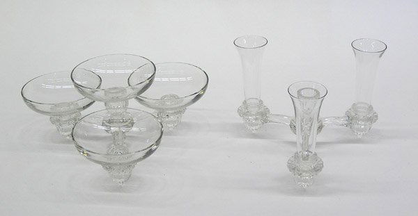 Crystal epergne centerpieces: (lot of 2) Crystal epergnes having matching bases and removable bowls and vases, the tallest 7''h x 12''w