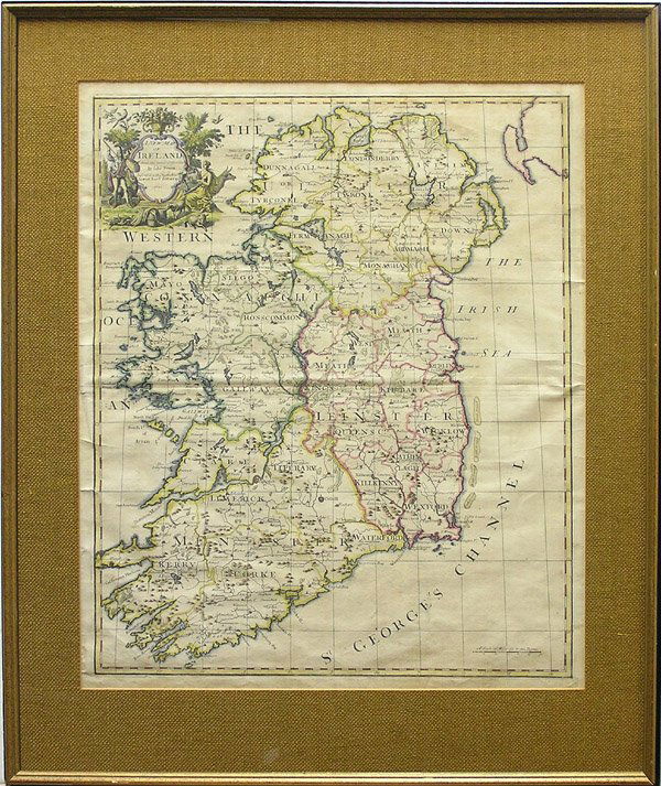 Antique map, John Senex, Ireland: Framed hand-colored engraved map, A New Map of Ireland from the Latest Observations (1720-), by John Senex (British, 1678-1741), plate: 23''h x 19''w, overall: 31''h x 26.5''w