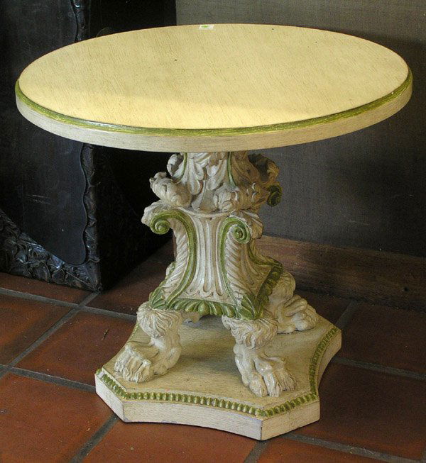 Neo-Classical center table,: Neo-Classical center table, limed with olive accents having circular top, carved four claw pedestal base, upon geometric platform, 27.5''h x 30''dia.