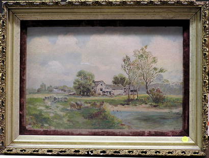 Oil painting, pastoral, American, 19th: Framed oil on artistboard, Cows by a River, initialled ''M.E.T.'' lower right, image: 13''H x 18''W, frame: 18''H x 23''W x 1.5''D