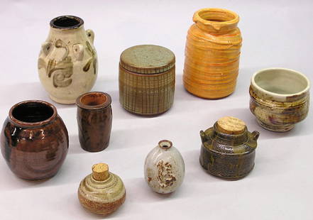 Seven Mid-20th C. Studio Pots: Seven mid-20th Century American Studio Pottery vessels, various potters and glazes, tallest vessel 6.75''h