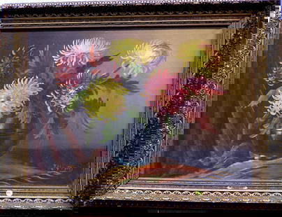 Oil painting, floral still life, Dutch: Framed oil on canvas, A Still Life with chrysanthemums in a Vase, by Tilly Moes [a.k.a Fia van Driel (Dutch 1899-1979)], signed lower right, image: 21''H x 28''W, frame: 27''H x 34''W x 3''D