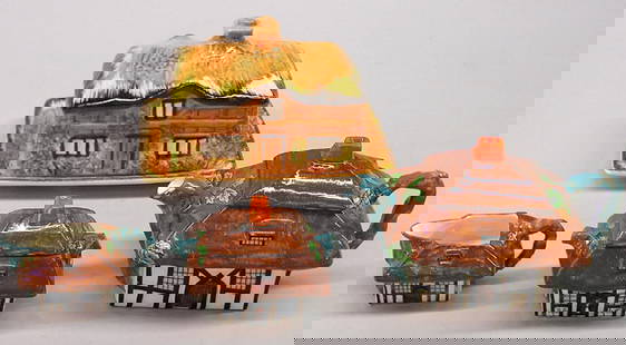 Maddox & Sons ''rustic'' tea set: British Maddox & Sons ceramic ''rustic'' cottage 3-piece tea set together with a Price Brothers covered cheese dish