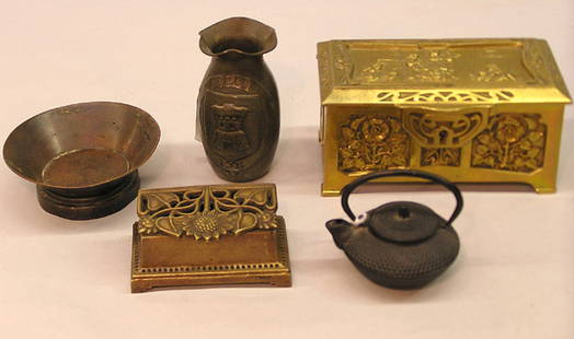 Continental and British bronze boxes, etc.: Continental bronze lidded coffer decorated with a 17th c. domestic scene and floral panels with a bronze sunflower motif stamp box, a French copper vase and British ring dish