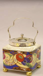 British Deco porcelain biscuit jar: British porcelain and silver plate handled biscuit dish decorated with Art Deco poppies c. 1920, signed Lancester & Sons/Hanley Staffordshire, height to knob 7''H x 5.5'' square