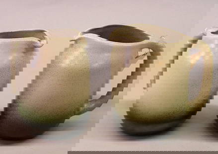 Heath Ceramics Sea/San milk pitchers: Pair of Heath Ceramics Sea and Sand milk/juice pitchers 9''h