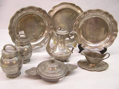 Continental pewter collection: Collection of Continental 18th-19th c. pewter including tea pot with ceramic insulators, approx. 7.5''h.; Lidded porringer, approx. 6'' in diameter.; pair of tea caddies, approx. 7.5''h; charger with