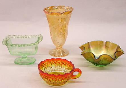 Carnival and pressed glass items: Carnival glass ruffled rim bowl and flower vase together with an Amberina nappie and a green Depression glass footed bowl