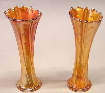 Pair of marigold carnival vases: Pair of 2 marigold carnival glass flower vases, 10''H