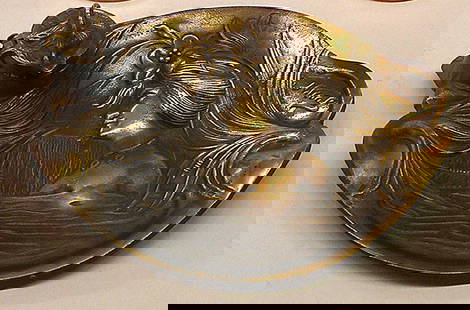 Bronze Art Nouveau style inkwell: Bronze Art Nouveau style inkwell depicting a woman bathing in a pond, approx. 8'' diameter