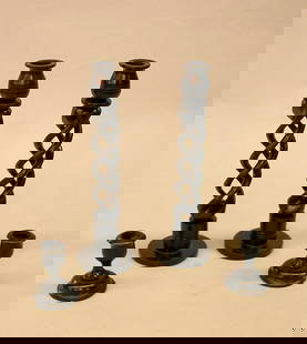 Edwardian ebony dresser set: Edwardian ebony dresser set with sterling monograms and two pairs of ebony candlesticks