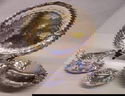 Silverplate items: Silverplate tray, lidded casserole, gravy, candy & relish dishes