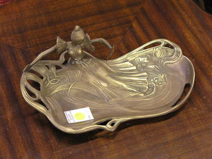 Bronze Art Nouveau style figural tray: Bronze Art Nouveau style lady figural tray, approx. 12'' x 8''