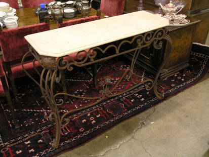 Wrought iron console table: Wrought iron console table with marble top, approx. 35''h x 49''w x 18''d