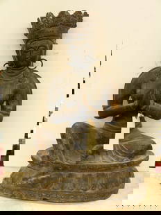 Carved wood figure of Tara: "Chinese carved wood figure of Tara seated on lotus throne, 26''h "