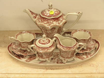 Ironstone tea service, transferware: Red and white transferware ironstone eight piece tea service