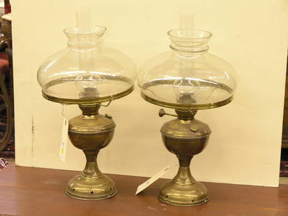 Brass oil lamps: Pair of brass hurricane lamps