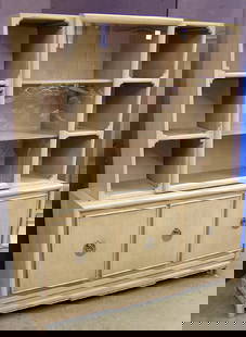 Lime Walnut Chinese Modern dining set: Lime walnut Chinese Modern dining set consisting of a china cabinet, extension table with leaves and six chairs c. 1950