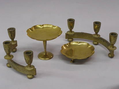 Bronze Art Deco Candelabra: Pair of bronze deco three light semicircular candelabra 4''h x 9''l, together with a 4.5'' Dirilyte floriform footed compote and 1.5'' floriform tripodal bowl