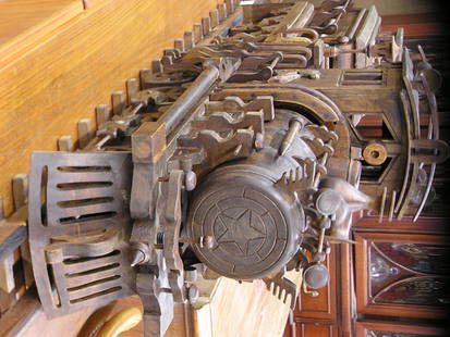 Train and rail in carved wood: Carved train on rails 74'' long