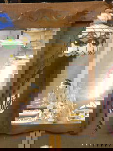 Oak framed wall mirror: Oak framed wall mirror with painted crest