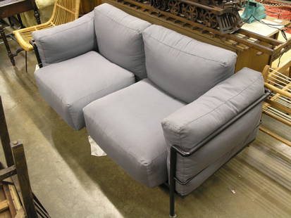 Corbusier Loveseat: Corbusier designed loveseat blackened bent steel and cloth upholstery 29''h x 27''d x 68''w