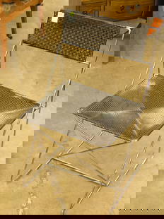 Midcentury metal chair: Midcentury Modern chrome wire chair with black metal mesh seating, (break in weld to seat)