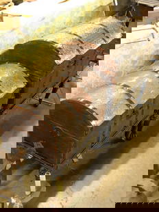 5 graduated tin trunks: Set of five graduated tin trunks on footed stands